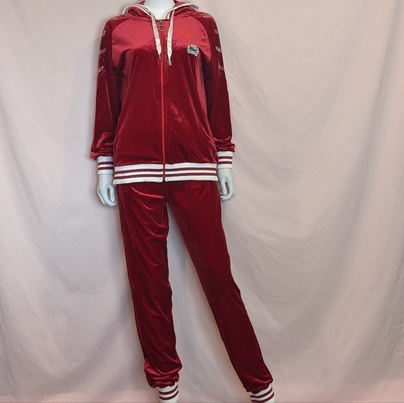 Red Velour Matching Hoodie and Joggers Tracksuit Set - Picture 1 of 14